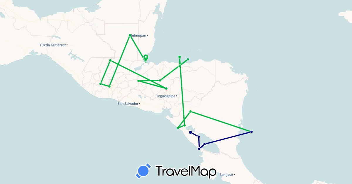 TravelMap itinerary: driving, bus in Guatemala, Honduras, Nicaragua (North America)